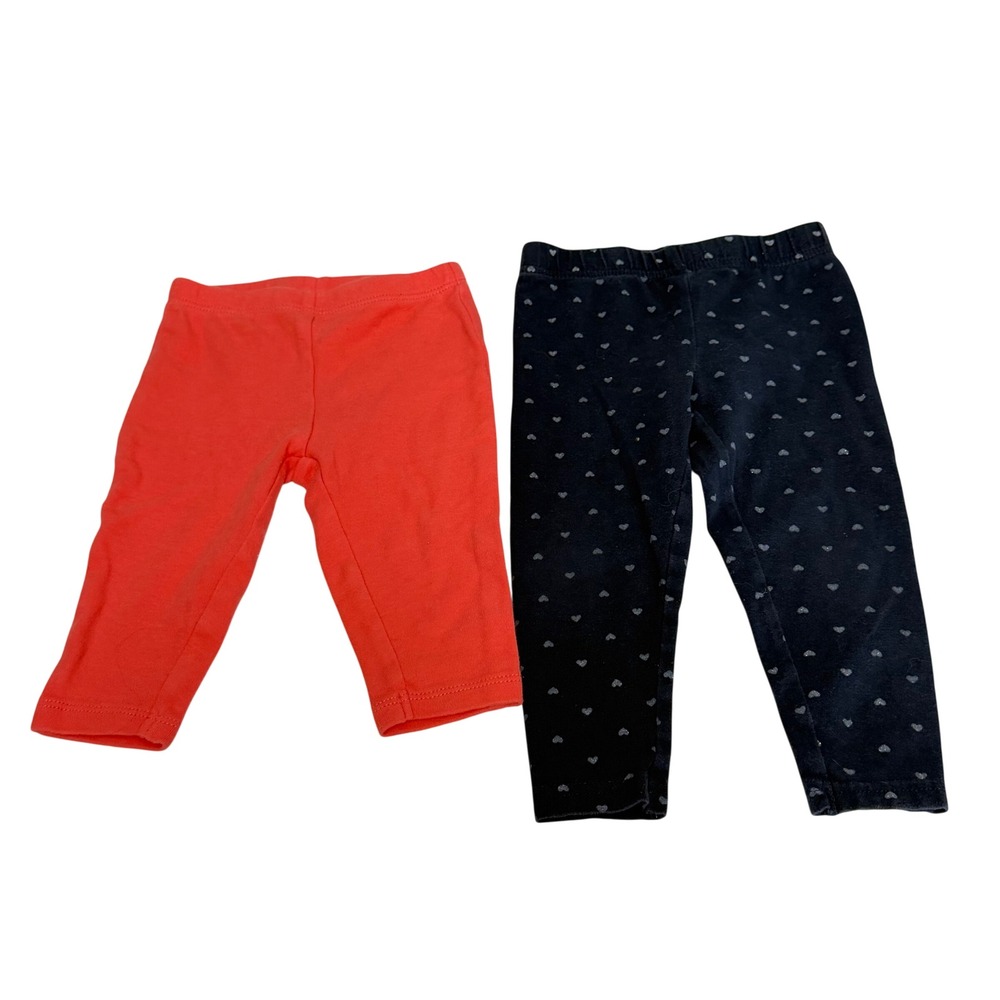 Carters Baby Girls Leggings Lot 2 Pairs Coral Navy Blue Heart Print 6M 9M Kids